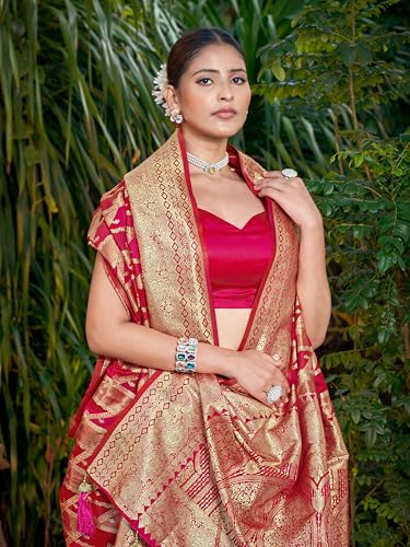 Image of MANOHARI Women's Trendy Banarasi Satin Silk Woven Saree with Heavy Jacquard Work, Elegant Design with Matching Lace Border Unstitched Blouse Piece for Weddings & Festive Occasions
