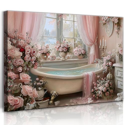 Image of Frimeeme Vintage Pink Roses Bathtub Floral Framed Canvas Wall Art 16x24
