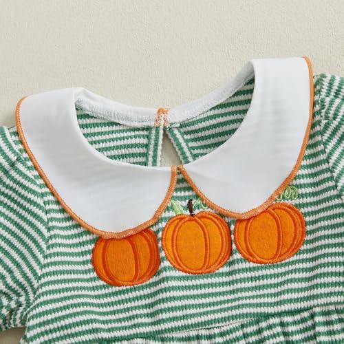 Newborn Baby Girl Halloween Outfit Pumpkin Embroidery Bubble Romper Waffle Striped Short Sleeve Bodysuit Clothes4