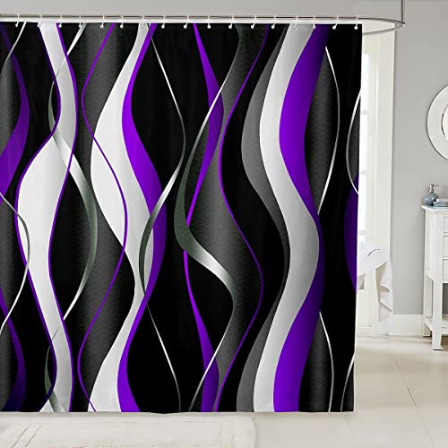 Loussiesd Purple Grey Black Shower Curtain Geometric Spiral Pattern Fabric Shower Curtains for Kids Boys Girls Abstract Bathroom Waterproof Accessories with 12 Hooks Modern Home Curtains,72x72 Inch