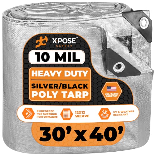Image of Heavy Duty Poly Tarp - 30' x 40' - 10 Mil Thick Waterproof, UV Blocking Protective Cover - Reversible Silver and Black - Laminated Coating - Grommets - by Xpose Safety