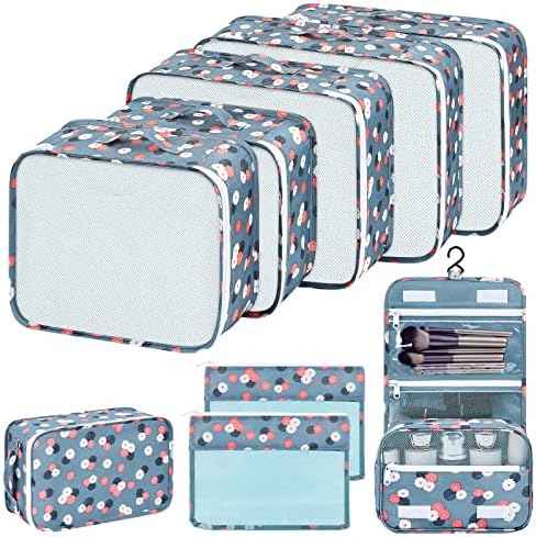 Easortm Travel Packing Cubes 9 Set, Travel Cubes Suitcase Organizer Foldable Luggage Organizers for Suitcase, Packing Bags for Suitcases Packing Organizers.(Blue Flower)