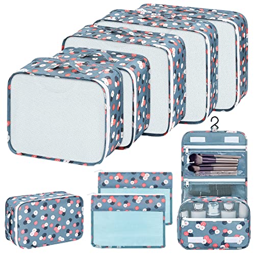 Easortm Travel Packing Cubes 9 Set, Travel Cubes Suitcase Organizer Foldable Luggage Organizers For Suitcase, Packing Bags For Suitcases Packing Organizers.(Blue Flower) #TOP1
