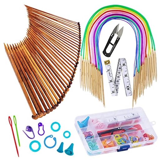 Exquiss Knitting Needles Set-18 Pairs 18 Sizes Bamboo Circular Knitting Needles with Colored Tube + 36 Pcs 18 Sizes Single Pointed Bamboo Knitting Needles 2.0 mm-10.0 mm + Weaving Tools Knitting Kits