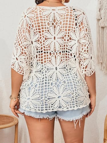 Women's Plus Size Floral Crochet Tops Hollow Out Boat Neck Sweaters Dolman Sleeve Oversized Knit Top2