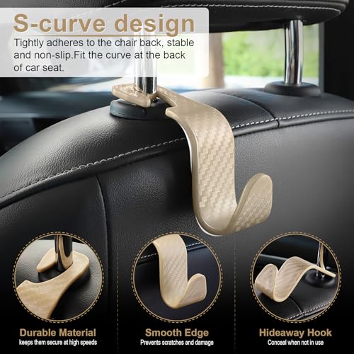 Image of LivTee Car Purse Hook, Headrest Hook for Car, 4 Pack Universal Auto Car Seat Headrest Hook Hangers Organizer for Purse Coat Umbrellas Grocery Bags Handbag, Car Accessories - Carbon Fiber Beige