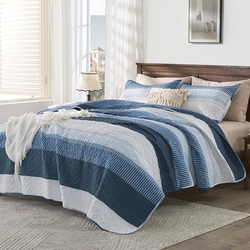 Image of Andency Navy Blue Striped Quilt Set Cal King(104x112Inch), 3 Pieces (1 Quilt and 2 Pillowcases) Patchwork Bedspread Coverlet Set, Soft Lightweight Quilted Bedding Set