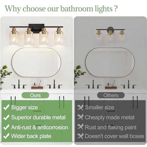 Image of Indoi 4-Light Bathroom Light Fixtures, Black and Gold Modern Vanity Lights with Clear Glass Shades, Bathroom Wall Lamp for Mirror Living Room Cabinet Bedroom Porch