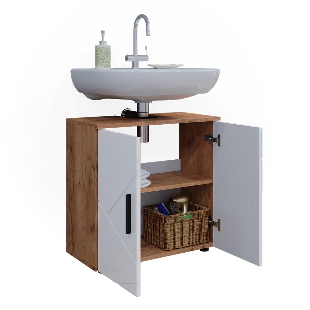Vicco Waschbeckenunterschrank Irma, Weiß Hochglanz/Goldkraft Eiche, 60 x 59 cm, mit Siphonaussparung und Einlegeboden zur Aufbewahrung