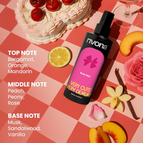 Image of Rivona Very Cute, Very Demure Body Mist | Fruity-Floral Long Lasting Body Spray for Women | Mandarin, Rose & Vanilla | 200ml