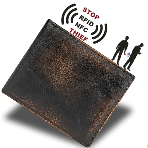 Image of DK86 Leather Bifold Wallet for Men RFID Blocking Full Grain Leather With Hand Burnished Extra Capacity Multiple Card Slots with 2 ID Windows (black orange)