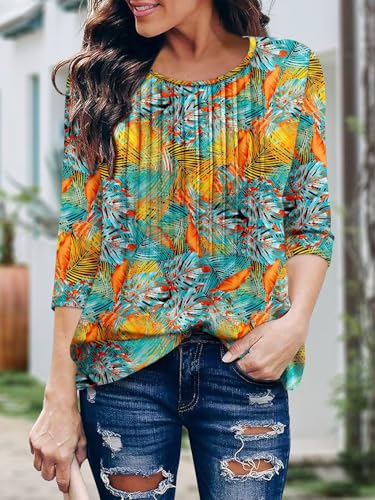 KISSMODA Tunic Tops for Women Loose Fit Dressy Round Neck Pleated 3/4 Length Sleeve Spring Tops