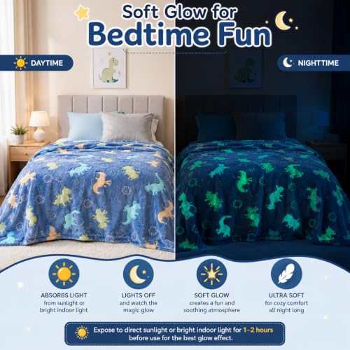 Image of Glow in The Dark Dinosaur Blanket for Kids, Teens & Adults, 200 x 150 cm, 240 GSM Soft Polyester Fleece Throw Blanket, Cozy Lightweight AC Blanket for Bed, Sofa & Travel, Blue