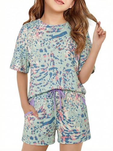 Image of Haloumoning Girls Summer 2 Piece Outfits Kids Oversized T Shirts and Shorts Clothing Sets 5-14 Years