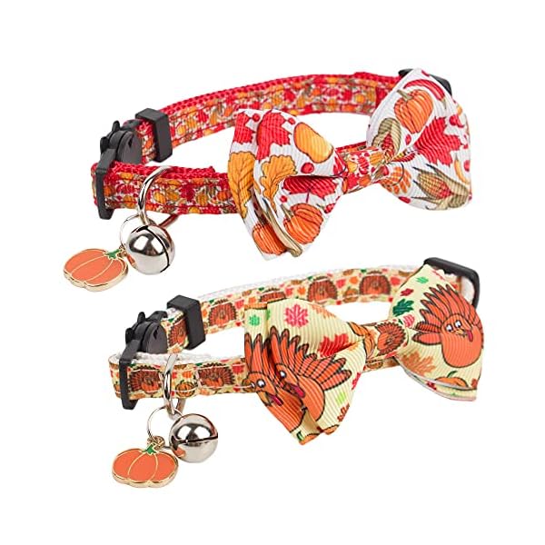 Adoggygo thanksgiving cat collars with bow bell, breakaway cat collar with bowtie pumpkin cat kitten collar for girl boy cats kittens (thanksgiving) - image 3