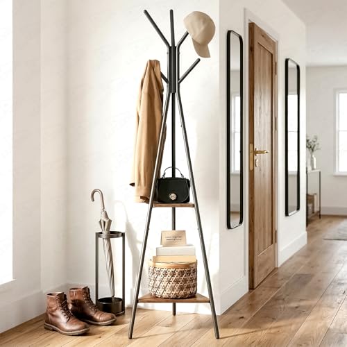 Image of Lukzer 6 Hook Coat Rack Stand with 2 Shelves | Metal Freestanding Coat & Hat Hanger Stand for Clothes, Bags & Umbrella | Space Saving Entryway Organizer for Home (Black Frame with Wooden Shelves)