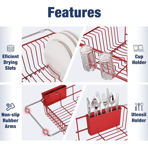 Image of JASIWAY Red Dish Drying Rack in Sink with Drainboard and Utensil Holder