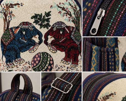 Image of Elephant Print Canvas Tote Bag for Women, Ethnic Shoulder Handbag with Multicolor Elephant Design, Dual Handle Everyday Carry Bag for Shopping, Office, College, Travel & Daily Use