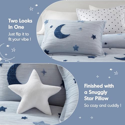 Image of Intelligent Design Kids Blue Star Moon Twin Comforter Set, 3pc | Children Bedding, Back to School for Girls, Tufted Chenille, Reversible, Lightweight, Machine Washable, Easy Care, All-Season