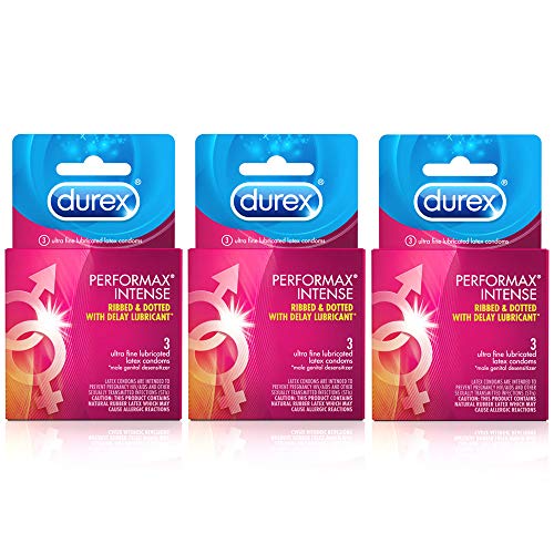 Durex Performax Intense Condoms, Ultra Fine, Ribbed, Dotted with Delay Lubricant Natural Rubber Latex Condoms for Men, FSA & HSA Eligible, 3 Count (Pack of 3)
