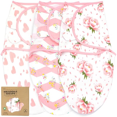 Image of Organic Preemie Swaddles 4-7 lbs - 3-Pack Premature Babies Swaddle Sleep Sack - Premature Infant Sleeping Sack - Easy Adjustable Baby Swaddle Blanket Wrap (Hearts-Flowers)