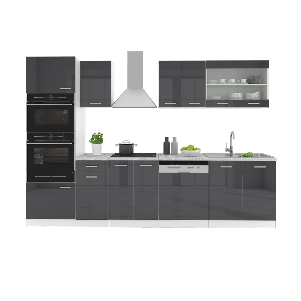 Vicco Küchenzeile R-Line, Anthrazit Hochglanz, 300 cm mit Hochschrank, ohne Arbeitsplatte, mit variabel anordenbaren Modulen und höhenverstellbaren Füßen