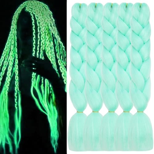 Green Braiding Hair Jumbo Braids Extensions Pre Stretched 24inch 5pcs Glow in the Dark Hair 5pcs light green