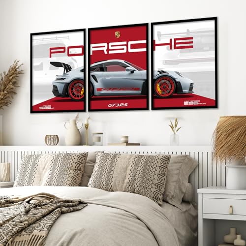 Image of ARTELLY Big Porsche 911 GT3rs Sports Car Framed Wall Posters, Set of 3, Premium Framed Painting, Living Room Bedroom Decoration, Large Size Gift Item for Boys Room Decor (Porsche 2, 19x25 inch)