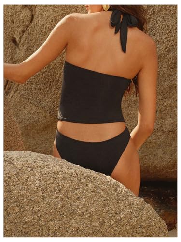 MakeMeChic Women's Tankini Swimsuits Halter Tie Back Tummy Control Swimwear Bathing Suit3