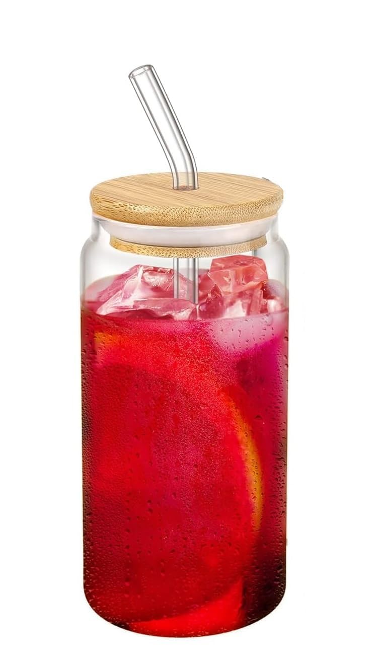 DOMINGO HUB® 1 Pack Glass Cups with Bamboo Lids and Straws 16 oz, Can Shaped Drinking Glasses Set, Iced Coffee Cup, Tea Cup, Cute Aesthetics Tumbler Cup, Birthday Gifts for Women Stemmed Glasses 1
