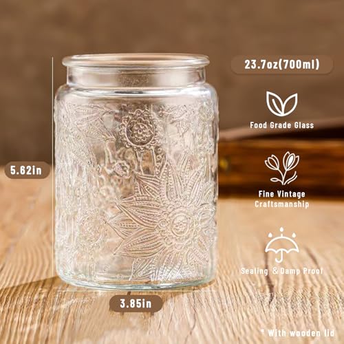 Image of Vintage Glass Jars with Wooden Lids, 24 oz Airtight Glass Food Storage Containers Sets for the Kitchen, Sugar Coffee Tea Cookie Candy Spice Pasta(Sunflower)