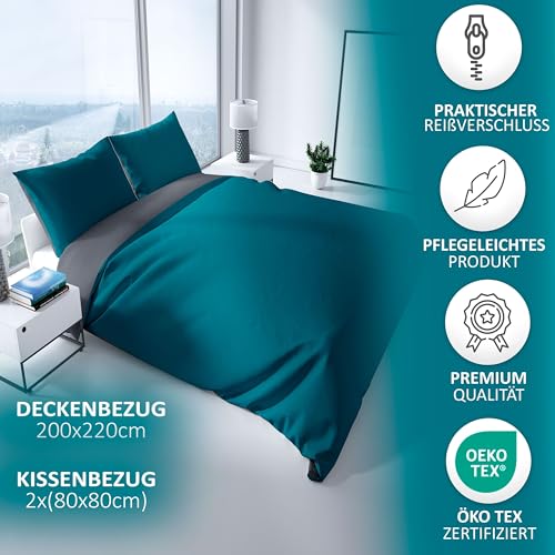 Leonado Vicenti Bettwäsche 200x220 3teilig Bettbezug - Bettwäsche-Sets mit 2 Kissenbezügen 80x80 cm, ÖKO-TEX Baumwoll-Satin Petrol für Kingsize Bett mit Reißverschluss