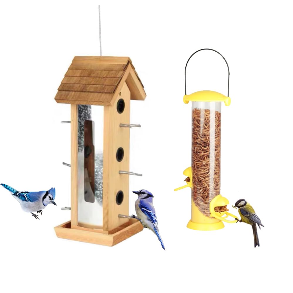 Set of 2 Going Green Bamboo Shingle Silo Feeder+ Peanut/Mealworm Feeder - Wire Cable Hanging Rope. Steel Perch, Longtime Durability. Assembling Needed, Patented Design Wildbirds Unlimited