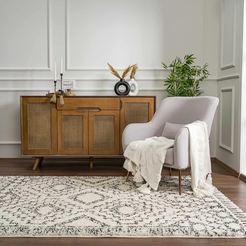 Image of Hauteloom Berber Shag Collection - Buan Farmhouse Living Room Bedroom Area Rug with Tassel - Fluffy Plush High Pile Carpet - Southwestern Bohemian Tribal Style - Beige, Cream, Black - 5'3 inch x 7'3 inch