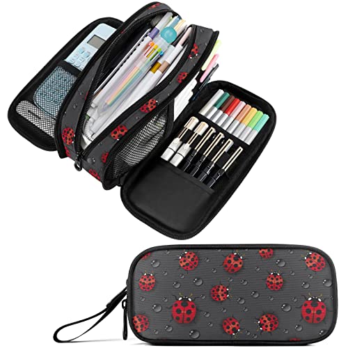 Image of Fustylead Red Ladybugs Large Pencil Case, Minimalist Portable Stationery Bag Cosmetics Bag with Handle for Middle High College School Office Travel