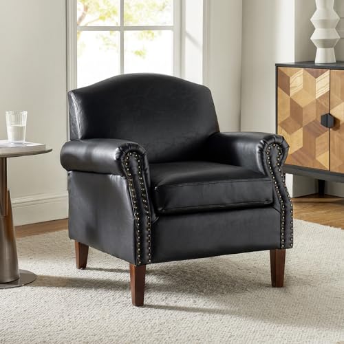 HULALA-HOME-Faux-Leather-Accent-Chair-with-Retro-Wood-Legs-Comfy-Upholstered-Armchair-with-Nail-Head-Trim-Single-Sofa-Chair-for-Living-Room-BedroomBlack HULALA HOME Faux Leather Accent Chair with Retro Wood Legs Comfy Upholstered Armchair with Nail Head Trim Single Sofa Chair for Living Room BedroomBlack