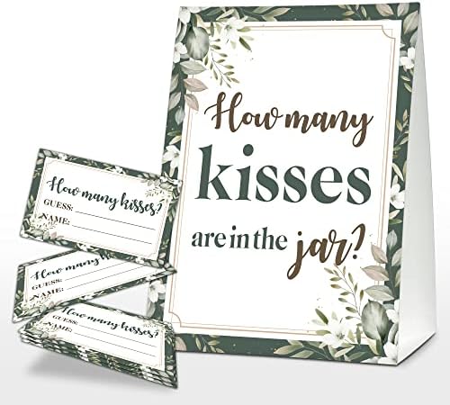How Many Kisses In The Jar Bridal Shower Game - Greenery Floral Design With 30 Cards & Sign