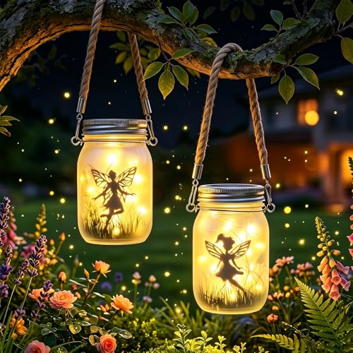 Lot de 2 Lanternes Solaires LED Extérieures Fée, IP65 Étanche Lampe Solaire de Jardin Mason Jar, Lumiere Solaire Exterieur Suspendue pour Patio Terrasse...