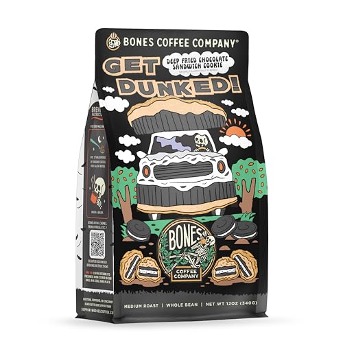 Bones Coffee Company Get Dunked!, Deep Fried Chocolate Cookie Sandwhich Flavored Coffee, Medium Roast Low Acid Arabica Beans Compatible with Auto drip and French Press Coffee Maker, 12 Oz Ground