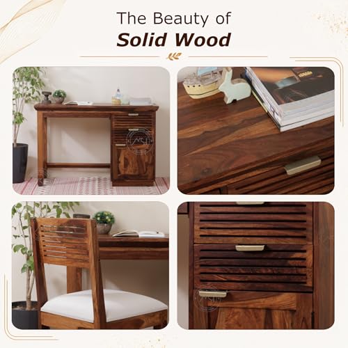 Image of NSH Solid Sheesham Wood Study Table with Chair | Wooden Writing Desk with Drawer & Door Storage | Pre-Assembled Computer Desk Workstation for Home Office & Study Room | Honey Finish