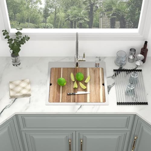 Image of Kichae 21 Drop In Bar Sink- 21x20 Kitchen Sink Stainless Steel 16 Gauge Bar Prep Sinks Small Overmount Topmount Ledge Workstation Single Bowl Handmade Basin with Cutting Bowl