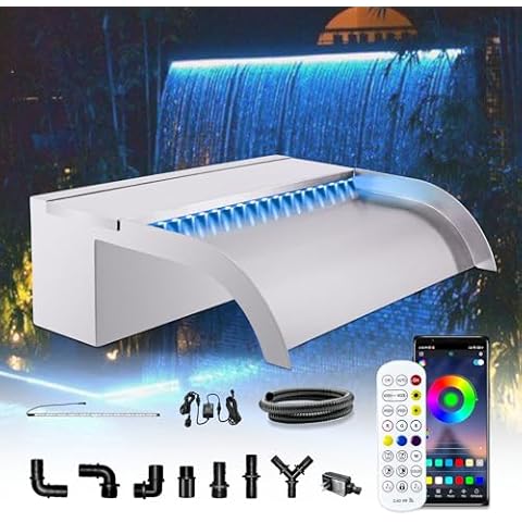 Waterfall Pool Fountain, LONGRUN Stainless Steel Waterfall Spillway for Pools and Ponds - 11.8" Wide Decorative Water Feature for Swimming Pools, Koi Ponds, and Garden Cover