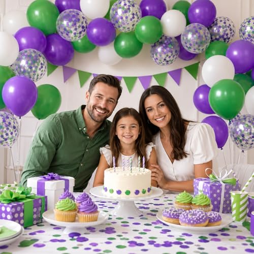 Image of Purple Green White Balloons, 50Pcs 12 Inch Theme Party with Confetti Latex