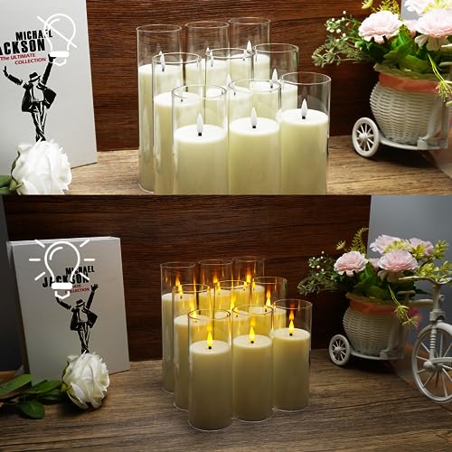 Flickering Flameless Candles Battery Operated with Remote and 2/4/6/8 H Timer Plexiglass Led Pillar Candles Pack of 9 (D2.3"xH 6"7"8")with Realistic Moving Wick Candles for Home Decor(Ivory)