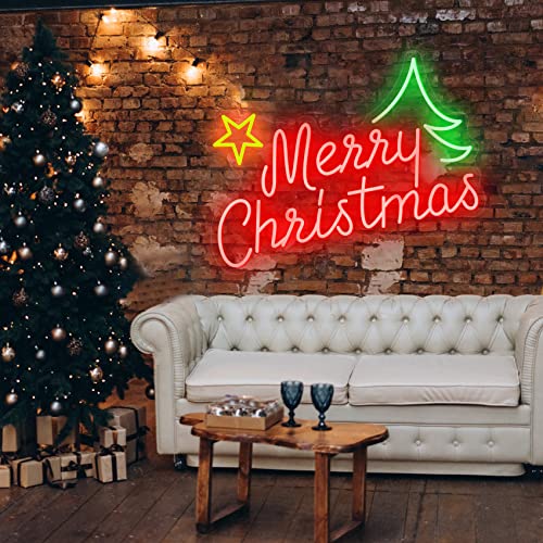 Image of Neon Signs Merry Christmas LED Sign for Christmas Decoration LED Neon Light Signs for Wall Decor House Home Window Balcony Christmas Party 23.62x15.75'' (with Tree and Star)