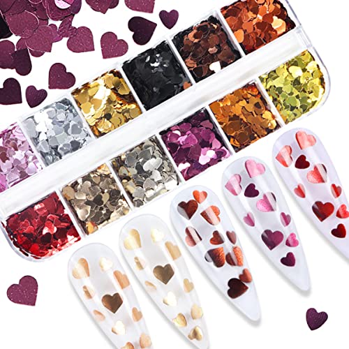 12 Grids 3D Heart Nail Glitter Sequins Valentines Day Nail Art Stickers Decals Gold Red Silver Heart Glitter Flakes Shiny Heart Nail Art Stickers Valentines Glitter For Nails Design Supplies #TOP3