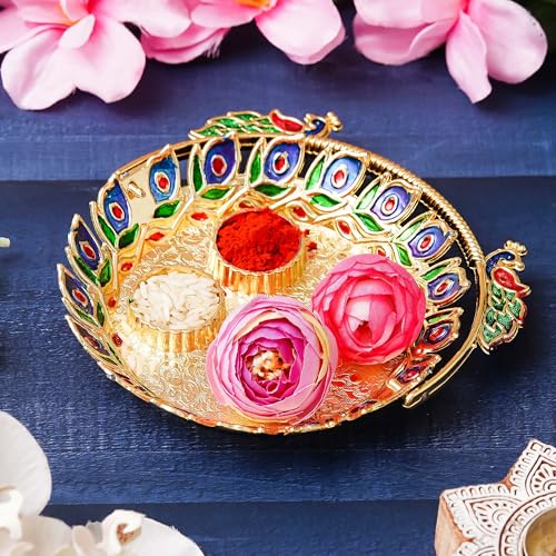 Image of eCraftIndia Peacock Decorative Pooja Thali for Diwali, Navratri, Karwa Chauth, and Puja Celebrations - Diwali Decoration Items for Home Decor