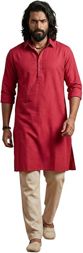 Amazon Brand - Tavasya Men Dhurandhar Style Shirt Collar Full Sleeve Ethnic Straight Kurta | Breathable Fabric | Clean Sil...