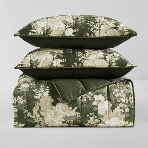 Image of Wonderful Luxury Velvet Quilt Set with Elegant Floral Printed,Queen Quilt Set with Shams,Green Soft Cozy for Bedspread /Light Comforter,All-Season,Pet-Friendly,Fit for Adults Teens Kids Bedroom,94 inchx94 inch