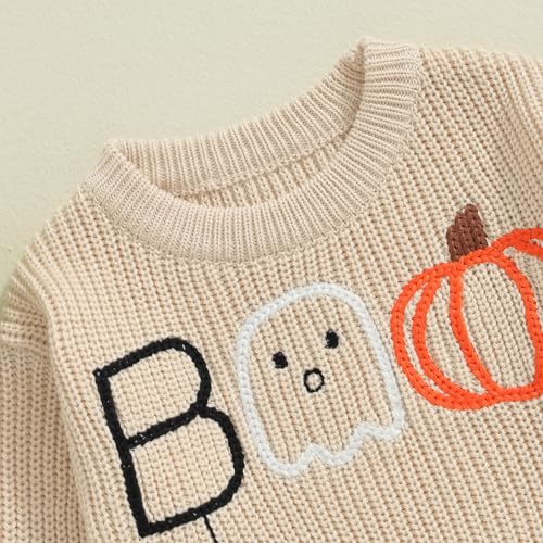 Little Kids Boy Girl Halloween Outfit Pumpkin/Boo Embroidery Knitted Sweater Warm Fall Winter Pullover Tops 12M-5T4